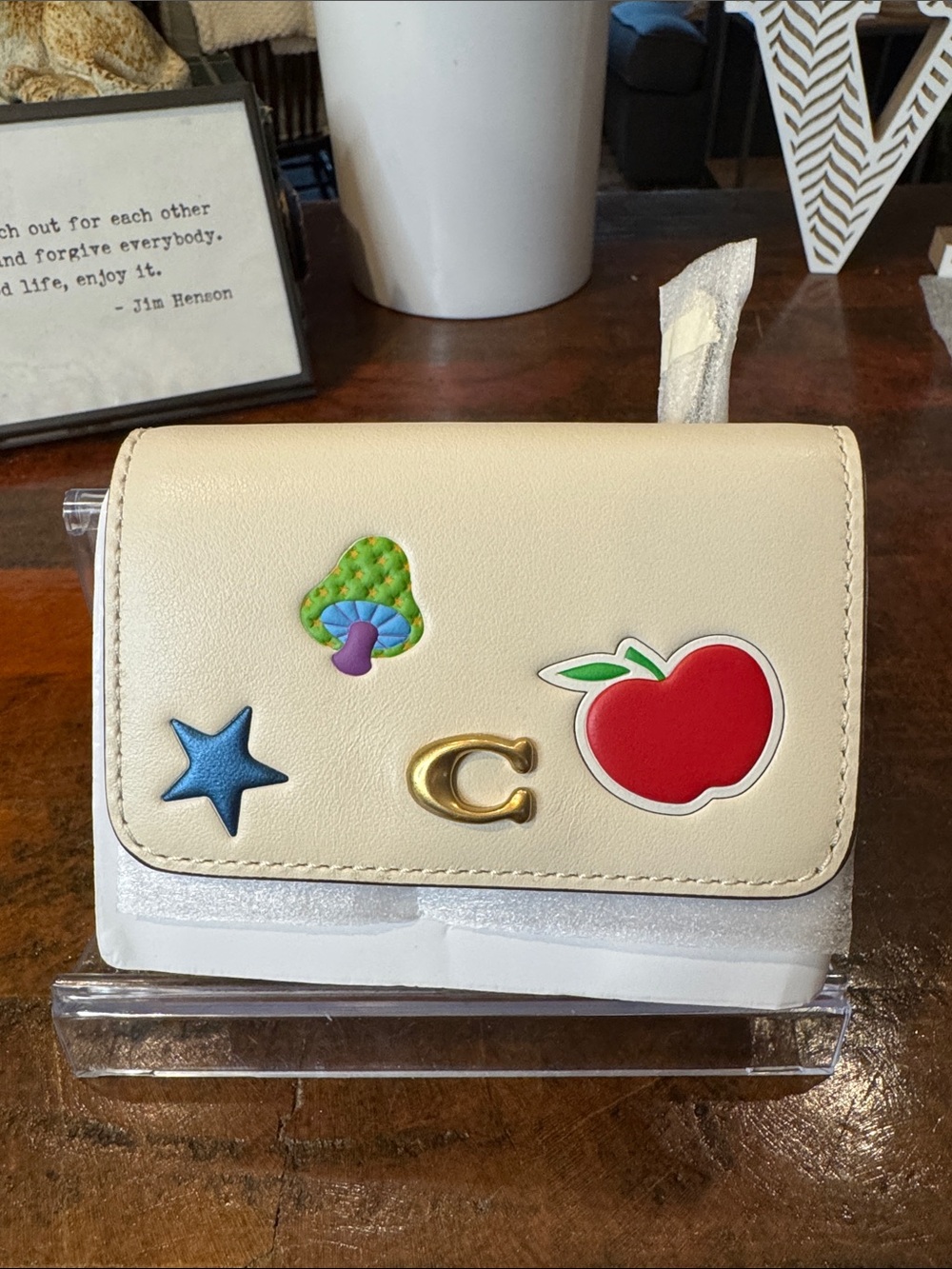 Coach Cream Mini Wallet with Colorful Patch Appliqués
